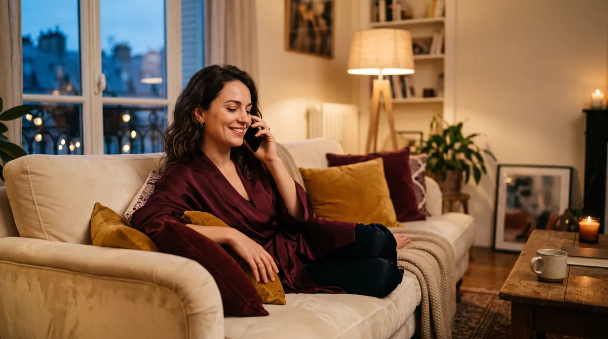 Femme détendue au téléphone le soir, ambiance intime