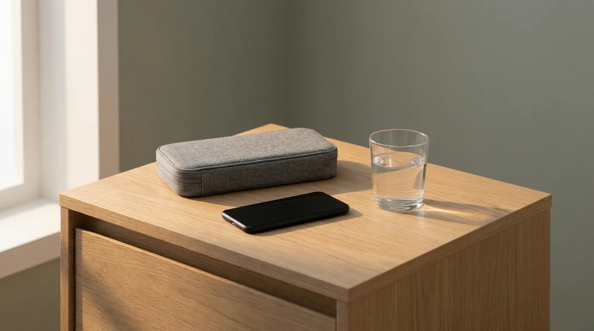 Table de chevet sobre avec un téléphone et un étui fermé, lumière tamisée