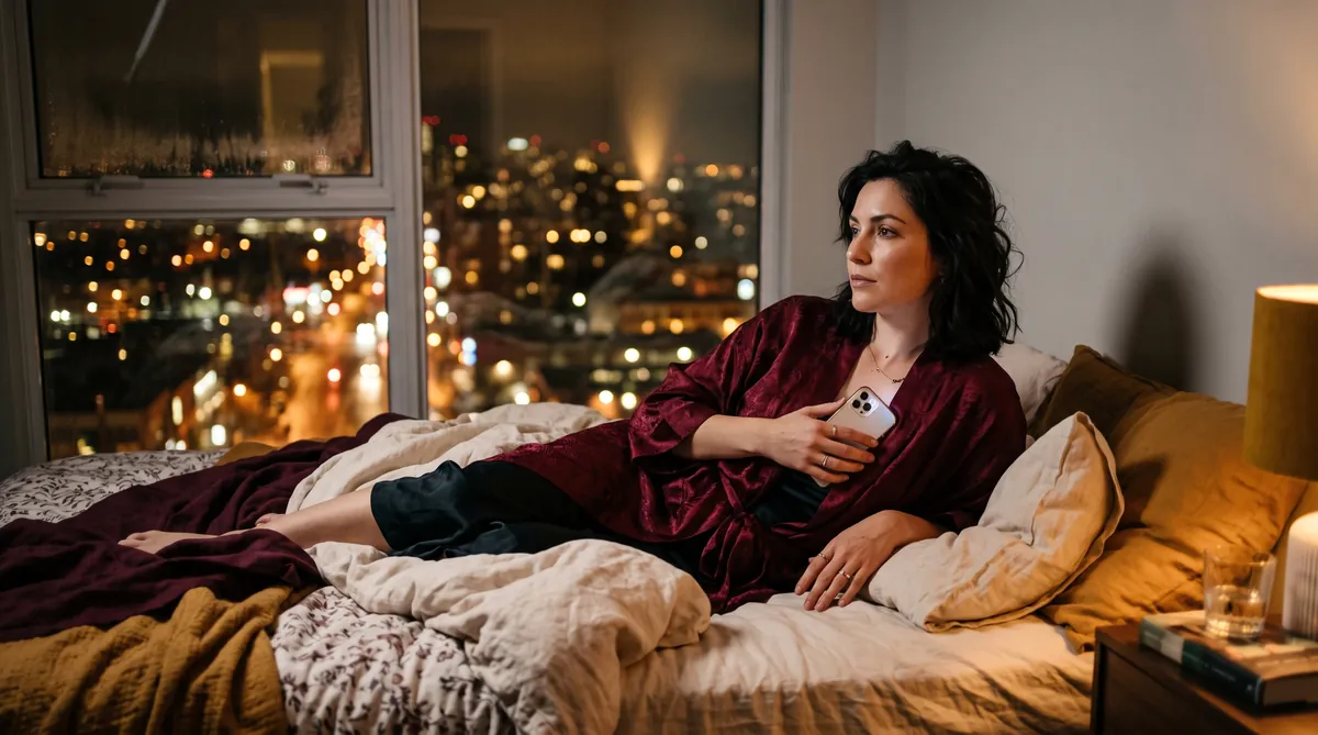 Femme pensive au téléphone la nuit — le téléphone rose vaut-il le coup